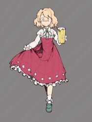  1girl alcohol aqua_footwear aqua_ribbon beer beer_mug beerko blonde_hair blush bolos closed_mouth collared_shirt commentary cup dot_nose dress dress_shirt drink drunk frilled_dress frilled_sleeves frilled_socks frills full_body grey_background holding holding_drink juliet_sleeves loafers long_dress long_sleeves mug neck_ribbon nose_blush original plaid_clothes plaid_dress puffy_sleeves red_dress ribbon shirt shoes short_hair simple_background skirt_hold sleeves_past_wrists smile socks solo standing strapless strapless_dress tachi-e tareme touhou wavy_hair white_shirt white_socks yellow_eyes 