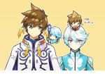  2boys brown_hair deretta green_eyes male_focus mikleo_(tales) multiple_boys short_hair smile sorey_(tales) tales_of_(series) tales_of_zestiria violet_eyes white_hair 