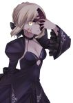  1girl blonde_hair breasts cleavage cleavage_cutout fate/stay_night fate_(series) hand_on_own_face highres ribbon saber saber_alter solo yellow_eyes 