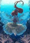  1girl :d air_bubble algae blue_eyes bow brown_hair bubble commentary_request coral dress fairy fairy_wings fish frilled_dress frills hair_bow kaito_(kaixm) long_hair open_mouth shell smile touhou underwater water wings 