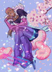  arm_on_own_leg black_shirt blue_eyeshadow blue_nails boots character_name cherry_blossoms choker collarbone crossed_legs dark-skinned_male dark_skin dated detached_sleeves ear_piercing earrings english_text eyeshadow falling_petals finger_to_mouth flower fur-trimmed_shirt fur_trim happy_birthday heart high_heel_boots high_heels highres jewelry looking_at_viewer makeup mamemo_(daifuku_mame) nail_polish nathan_seymour petals piercing pink_flower pink_fur pink_hair pink_lips pink_sleeves pout purple_footwear shirt short_hair silver_choker sitting skin_tight sky sleeves_past_wrists sparkle thigh_boots tiger_&amp;_bunny undershirt very_short_hair 