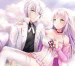  1boy 1girl blue_eyes breasts carrying green_eyes heterochromia isana_yashiro k_(anime) long_hair neko_(k) princess_carry short_hair silver_hair tailam thigh-highs yellow_eyes 