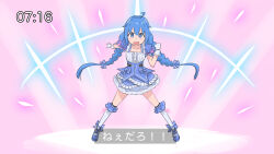  1girl ahoge blue_bow blue_dress blue_eyes blue_footwear blue_hair bow braid dress frilled_dress frills gloves hair_between_eyes hair_bow kneehighs long_hair low_twintails nijisanji outstretched_arm pink_background puffy_short_sleeves puffy_sleeves shoes short_sleeves socks solo standing striped_bow translation_request twin_braids twintails v-shaped_eyebrows very_long_hair virtual_youtuber white_gloves white_socks yowayowap yuuki_chihiro 