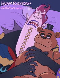  1boy 2023 artist_name ascot black_gloves blue_lips closed_eyes crossover dated english_text five_nights_at_freddy&#039;s freddy_fazbear gecko_moria gloves happy_birthday high_collar highres hugging_object male_focus on_bed one_piece open_mouth pointy_ears purple_hair red_ascot saliva_drip sharp_teeth short_hair sleeping stitches teeth toy twitter_username youkan_(tako) 