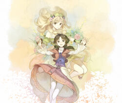  2girls absurdres atelier_(series) atelier_ayesha ayesha_altugle bare_shoulders blonde_hair blue_flower brown_eyes brown_hair dress flower full_body green_dress green_hat hair_flower hair_ornament hat hidari_(left_side) highres holding_hands long_hair looking_at_viewer multiple_girls nio_altugle off-shoulder_dress off_shoulder official_art open_mouth pantyhose pink_flower short_hair siblings sisters smile sweater white_pantyhose white_sweater wrist_cuffs 