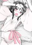  1girl arms_up black_hair blush chikado dress drooling full-face_blush gohei hakurei_reimu headwear_removed japanese_clothes long_sleeves looking_at_viewer lying monochrome on_back open_mouth red_eyes ribbon sash solo spot_color tears touhou wavy_mouth wide_sleeves yawning 