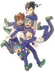  5boys blue_hair blush brown_hair closed_eyes green_hair headband inazuma_eleven_(series) inazuma_eleven_go kageyama_hikaru kariya_masaki male_focus matsukaze_tenma multiple_boys nishizono_shinsuke open_mouth purple_hair raimon riho simple_background track_suit tsurugi_kyousuke white_background 