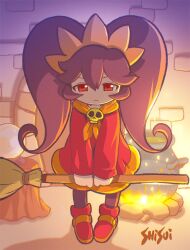  1girl artist_name ashley_(warioware) backlighting big_hair black_pantyhose blush broom cauldron crystal_ball dress fire frown hairband holding holding_broom orange_hairband orange_trim pantyhose pigeon-toed red_dress red_eyes red_footwear shisui shoes solo standing twintails warioware witch 