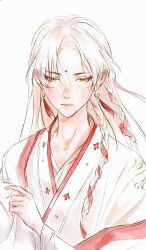  1boy androgynous bindi bishounen braid chinese_clothes closed_mouth collarbone commentary earrings english_commentary eyeliner facial_mark floral_print forehead_mark hair_ribbon hand_up hanfu highres jewelry kkcoocool long_hair long_sleeves looking_down makeup male_focus project_camellia red_eyeliner red_ribbon red_trim ribbon robe sad side_braid simple_background solo tassel tassel_earrings upper_body white_background white_hair white_hanfu white_robe wide_sleeves xiao_hua_(project_camellia) yellow_eyes 