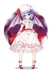  1girl bat_wings blue_hair blush full_body hat hat_ribbon highres looking_at_viewer mary_janes megalateo mob_cap puffy_sleeves red_eyes remilia_scarlet ribbon sash shirt shoes short_hair short_sleeves skirt skirt_hold skirt_set smile socks solo touhou white_legwear wings wrist_cuffs 