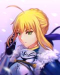  1girl ahoge blonde_hair breastplate cape fate/stay_night fate_(series) fateline_alpha gauntlets green_eyes saber solo 