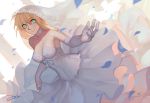  1girl bianyuanqishi blonde_hair breasts choker cleavage dress elbow_gloves fate/grand_order fate/stay_night fate_(series) gloves green_eyes petals saber short_hair signature smile solo wedding_dress white_gloves 