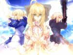  3girls blonde_hair bow dark_excalibur excalibur fate/stay_night fate_(series) hair_bow highres multiple_girls multiple_persona ponytail rindon_(pixiv338875) saber saber_alter saber_lily yellow_eyes 