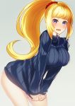  1girl akai_kagerou_(artist) bare_legs blonde_hair blue_eyes blush breasts clothes_pull grey_background gundam gundam_tekketsu_no_orphans kudelia_aina_bernstein large_breasts leaning_forward long_hair long_sleeves looking_at_viewer no_pants open_mouth ponytail scrunchie simple_background solo sweater sweater_pull vertical_stripes wavy_mouth 