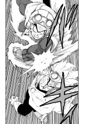  2boys cape clenched_teeth comic_panel_redraw commentary_request derivative_work dragon_ball dragon_ball_z dragon_quest dragon_quest_ii fighting floating_cape gloves goggles goggles_on_head goggles_on_headwear helmet highres looking_down male_focus monochrome motion_lines multiple_boys muramasa_mikado muscular muscular_male prince_of_lorasia prince_of_samantoria punching scene_reference son_goku sound_effects spiky_hair teeth toriyama_akira_(style) vegeta wide-eyed 