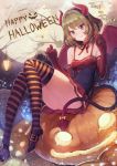  1girl blue_eyes breasts brown_hair choker cleavage demon_tail elbow_gloves fake_horns fangs gloves green_eyes hairband halloween heterochromia high_heels highres idolmaster idolmaster_cinderella_girls jack-o&#039;-lantern meto31 mole mole_under_eye paw_pose red_gloves ribbon_choker short_hair sitting small_breasts smile solo striped striped_legwear tail takagaki_kaede thigh-highs trick_or_treat upskirt wings 