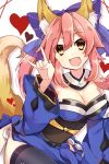  1girl :d animal_ears bare_shoulders black_legwear bow breasts caster_(fate/extra) choker cleavage detached_sleeves fang fate/extra fate_(series) fox_ears fox_tail hair_bow heart japanese_clothes long_sleeves looking_at_viewer open_mouth pink_hair sash simple_background smile solo sxupxdxxy tail thigh-highs white_background 