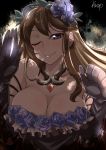  1girl bare_shoulders blue_eyes blush breasts brown_hair cleavage elbow_gloves flower gloves granblue_fantasy hair_flower hair_ornament highres jewelry kurosawa-san long_hair looking_at_viewer necklace one_eye_closed rosetta_(granblue_fantasy) signature smile solo 
