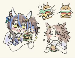  2girls :3 :t ^^^ animal_ear_piercing animal_ears brown_hair burger chibi chibi_only closed_mouth cropped_torso curly_hair daitaku_helios_(umamusume) ear_covers eating food full_mouth hair_between_eyes hair_ornament hands_up holding holding_burger holding_food horse_ears horse_girl looking_at_food mejiro_palmer_(umamusume) multicolored_hair multiple_girls no_pupils notice_lines o_o open_mouth puffy_short_sleeves puffy_sleeves purple_ribbon ribbon school_uniform short_sleeves side_ponytail sidelocks simple_background sparkle star_(symbol) star_hair_ornament streaked_hair sweatdrop tracen_school_uniform two-tone_hair umamusume user_gcky4477 yellow_background yellow_eyes 