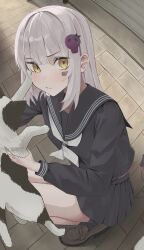  1girl animal arisugawa_bii barcode barcode_tattoo black_sailor_collar black_serafuku black_shirt black_skirt black_socks brown_footwear cat closed_mouth commentary demon_tail hair_ornament highres holding holding_animal holding_cat loafers long_hair long_sleeves looking_at_viewer neckerchief original pleated_skirt sailor_collar school_uniform serafuku shirt shoes sidelocks skirt skull_hair_ornament socks solo tail tattoo white_hair white_neckerchief yellow_eyes 