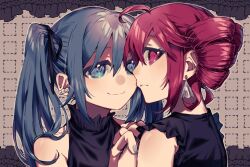  2girls ahoge alternate_costume black_ribbon black_shirt blue_eyes blue_hair closed_mouth commentary drill_hair earrings face-to-face frilled_shirt frills hair_ribbon hatsune_miku highres holding_hands interlocked_fingers jewelry kasane_teto long_hair looking_at_another looking_at_viewer medium_hair multiple_girls red_eyes redhead ribbon shirt sideways_glance sleeveless sleeveless_shirt smile tere_douga twin_drills twintails upper_body utau vocaloid yuri 