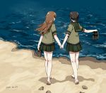  2girls any_(lucky_denver_mint) beach black_hair brown_hair dated footprints holding holding_hands holding_shoes kantai_collection kitakami_(kantai_collection) multiple_girls ocean ooi_(kantai_collection) shoes shoes_removed skirt water 