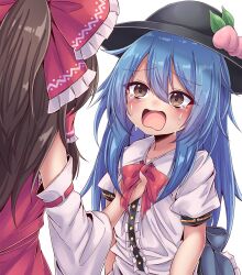  2girls black_hat blue_hair blush bow bowtie brown_eyes brown_hair center_frills collar_grab collared_shirt commentary_request crying crying_with_eyes_open detached_sleeves food frilled_bow frilled_hair_tubes frills fruit hair_bow hair_tubes hakurei_reimu hat hat_ornament highres hinanawi_tenshi leaf leaf_hat_ornament long_hair multiple_girls open_mouth peach peach_hat_ornament puffy_short_sleeves puffy_sleeves red_bow red_bowtie ribbon-trimmed_sleeves ribbon_trim shirt short_sleeves simple_background siw0n streaming_tears tears textless_version touhou white_background white_shirt 