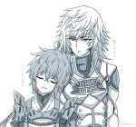 1boy 1girl armor blue_background closed_eyes gloves lora_(xenoblade_2) mochimochi_(xseynao) monochrome parted_lips pauldrons shin_(xenoblade) short_hair simple_background smile translation_request xenoblade_(series) xenoblade_2 