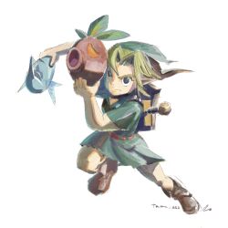  1boy blonde_hair blue_eyes blue_mask boots brown_footwear brown_mask curtained_hair deku_mask green_skirt green_tunic highres holding holding_mask knee_up link male_focus mask parted_bangs pointy_ears shield shield_on_back short_hair short_sleeves skirt smile sword sword_on_back tama_222 the_legend_of_zelda the_legend_of_zelda:_majora&#039;s_mask tunic weapon weapon_on_back white_background young_link zora 