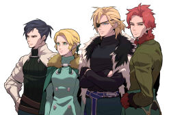  1girl 3boys belt black_fur black_gloves black_shirt blonde_hair blue_belt blue_eyes blue_hair blue_pants brown_belt buttons cape collared_shirt commentary cowboy_shot crossed_arms dark_blue_hair dimitri_alexandre_blaiddyd dress eyepatch felix_hugo_fraldarius fire_emblem fire_emblem:_three_houses fur-trimmed_cape fur-trimmed_sleeves fur_trim gloves green_cape green_dress green_eyes green_ribbon green_shirt hair_ribbon hand_on_own_hip hashtag-only_commentary highres ingrid_brandl_galatea layered_clothes long_sleeves looking_to_the_side multiple_belts multiple_boys narrowed_eyes one_eye_covered orange_eyes pants parted_bangs ponytail red_fur red_gloves redhead redlhzz ribbon shirt short_ponytail sideways_glance simple_background sleeves_rolled_up sylvain_jose_gautier tassel turtleneck white_background white_fur yellow_eyes yellow_fur 