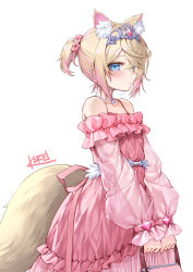  1girl animal_ear_fluff animal_ears bag blonde_hair blue_eyes blush commentary cowboy_shot curry_bowl dog_ears dog_girl dog_tail dress english_commentary frilled_dress frills from_side fuwawa_abyssgard highres holding holding_bag hololive hololive_english jewelry long_dress long_sleeves looking_at_viewer multicolored_hair necklace pink_bag pink_dress pink_hair ponytail short_hair signature simple_background solo streaked_hair tail virtual_youtuber white_background white_crown 