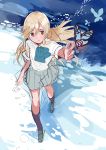  1girl blonde_hair bow brown_eyes butterfly collared_shirt copyright_request fly_333 footprints kneehighs loafers long_hair outstretched_hand school_uniform shirt shoes sketch snow solo tagme walking 