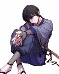  1boy black_hair grin highres japanese_clothes katana kazari_tayu looking_at_viewer rurouni_kenshin seta_soujirou short_hair smile sword violet_eyes weapon 