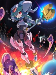  1boy 1girl absurdres armor brother_and_sister energy_blade fire full_body green_eyes helmet highres holding holding_scythe holding_staff long_hair mega_man_(series) mega_man_zx model_w_(mega_man) omochi_(mochi_skymega) pandora_(mega_man) power_armor prometheus_(mega_man) purple_armor purple_fire purple_helmet red_eyes scythe siblings solo_focus staff white_armor white_helmet 