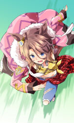  1girl animal_ears blue_eyes brown_hair commentary_request crop_top denim ear_ornament flat_chest fur_trim hair_between_eyes highres horse_ears horse_girl horse_tail izumi_mahiru jacket narita_taishin_(umamusume) navel open_clothes open_jacket open_mouth pants pink_jacket running short_hair solo tail torn_clothes torn_pants umamusume 