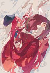  1girl absurdres black_hat black_vest blue_eyes cabbie_hat cape feet_out_of_frame from_behind fur-trimmed_cape fur_trim grey_background hair_over_one_eye hat highres legs_up long_hair long_sleeves looking_at_viewer meiyou_lizhi miniskirt one_eye_covered pants pants_under_skirt red_cape red_skirt redhead reverse:1999 shirt skirt solo upside-down very_long_hair vest water white_shirt yenisei_(reverse:1999) 