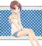  1girl bare_shoulders breasts brown_hair cleavage earrings hair_ornament hairclip highres jewelry legs qing_lan red_eyes scar short_hair shorts solo stitches v_arms 
