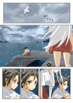  2girls bird clouds cloudy_sky comic headband japanese_clothes kantai_collection moketto multiple_girls ocean seagull shoukaku_(kantai_collection) sitting skirt sky twintails white_hair younger zuikaku_(kantai_collection) 