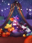  1girl breasts curtains halloween hat jack-o&#039;-lantern kanola_u long_hair original pillow pink_hair sitting solo witch_hat 