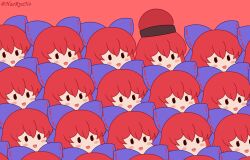  6+girls :d absurdres black_eyes blush_stickers bow haeryuno hat hecatia_lapislazuli highres multiple_girls multiple_persona odd_one_out open_mouth purple_bow red_background red_theme redhead sekibanki short_hair signature smile touhou underworld_(ornament) 