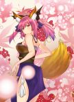  1girl animal_ears bare_shoulders bow breasts caster_(fate/extra) fate/extra fate/grand_order fate/stay_night fate_(series) fingernails floral_background flower fox_ears fox_tail hair_bow hair_ribbon highres japanese_clothes long_hair looking_at_viewer looking_back pink_hair ribbon solo tail twintails type-moon yellow_eyes 
