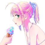  1girl ahoge alternate_hairstyle blonde_hair fate/stay_night fate_(series) food green_eyes ice_cream ice_cream_cone nipi27 pink_hair ponytail saber solo 