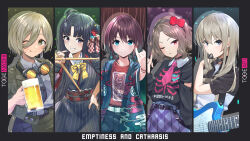  5girls ahoge angry awa_subaru beer_mug belt belt_buckle black_belt black_choker black_hair black_hairband black_happi black_kimono black_necktie black_shirt black_shorts blue_eyes blue_hair blue_skirt blush bow bowtie bracelet brown_eyes brown_hair brown_jacket buckle choker clenched_teeth closed_mouth collared_shirt colored_tips commentary_request cowboy_shot cup detached_sleeves dress dress_shirt drumsticks earclip earrings ebizuka_tomo flower girls_band_cry goggles goggles_around_neck gradient_hair grey_eyes grey_hair grey_shirt group_name hair_between_eyes hair_bow hair_bun hair_flower hair_ornament hairband hairpin hand_on_own_hip hand_up highres holding holding_cup holding_drumsticks iseri_nina jacket japanese_clothes jewelry kawaragi_momoka kimono kuuhaku_to_catharsis kz_nezu3 long_hair long_hair_between_eyes long_sleeves looking_at_viewer mole mole_under_eye mug multicolored_hair multiple_girls nail_polish necktie obi one_eye_closed open_clothes open_happi open_jacket open_mouth parted_bangs partial_commentary pinafore_dress pink_necktie pinky_out plaid_clothes plaid_skirt pleated_skirt plectrum_in_mouth psychederhythm_psychomaster red_bow red_eyes red_nails red_shirt roots_(hair) rupa_(girls_band_cry) sash shirt short_hair short_sleeves shorts sidelocks signature simple_background single_earring single_side_bun skirt sleeveless sleeveless_dress smile song_name striped_bow striped_bowtie striped_clothes striped_necktie teeth tongue tongue_out unmoving_pattern violet_eyes white_background white_belt white_dress white_shirt yellow_bow yellow_bowtie 