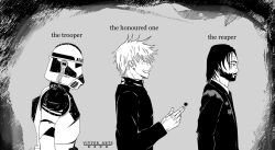  3boys clone_trooper fortnite gojou_satoru highres john_wick john_wick_(character) jujutsu_kaisen monochrome multiple_boys star_wars star_wars:_the_clone_wars vitter-arts 