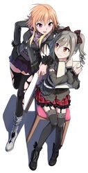  2girls :d ahoge arm_support badge black_legwear black_shoes boots bow char checkered checkered_skirt cravat detached_sleeves drill_hair full_body garter_straps grey_eyes hair_bow hiding highres idolmaster idolmaster_cinderella_girls kanzaki_ranko kisetsu knee_boots leaning long_sleeves multiple_girls ninomiya_asuka open_mouth orange_eyes orange_hair pink_eyes purple_skirt red_skirt shoes sitting skirt smile thigh-highs torn_clothes torn_thighhighs twin_drills unzipped wavy_mouth white_background zettai_ryouiki zipper 