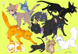 ? animal animal_focus black_cat black_collar blue_cat blue_eyes bluestar_(warrior_cats) brick_(warrior_cats) brightheart brown_cat cat cinderpelt cloudtail collar commentary_request copyright_name english_text firestar_(warrior_cats) full_body green_background green_eyes grey_cat highres hollyleaf mousefur multiple_views neko_gokoro no_humans open_mouth orange_cat power_of_three purple_collar red_eyes running scar scar_on_leg scourge_(warrior_cats) simple_background sitting spiked_collar spikes standing stretching tail the_prophecies_begin warrior_cats white_cat yawning