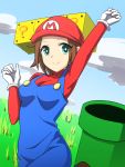  1girl ?_block aqua_eyes arm_up block breasts brown_hair clouds field genderswap gloves hat highres long_sleeves looking_at_viewer mario super_mario_bros. overalls red_shirt shirt short_hair smile solo super_mario_bros. warp_pipe white_gloves 