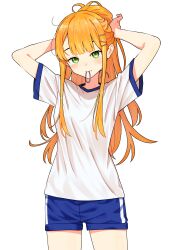  07nono06 1girl absurdres adjusting_hair arms_up blue_shorts blush cowboy_shot gakuen_idolmaster green_eyes gym_shirt gym_uniform hair_tie highres idolmaster light_smile long_hair looking_at_viewer mole mole_under_eye orange_hair shirt shiun_sumika short_sleeves shorts simple_background solo very_long_hair white_background 