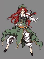  1girl bandaged_hand bandages beret black_bow black_bowtie black_footwear blue_eyes bolos bow bowtie braid chinese_clothes closed_mouth collared_shirt commentary dot_nose floating_hair frilled_shirt frills full_body green_hat green_skirt green_vest grey_background hair_bow hat hat_ornament hong_meiling legs_apart light_frown long_hair long_skirt orange_sash pants pants_under_skirt parted_bangs puffy_pants puffy_short_sleeves puffy_sleeves redhead shirt shoes short_sleeves side_slit simple_background single_braid skirt solo standing star_(symbol) star_hat_ornament tachi-e touhou very_long_hair vest waist_sash white_pants white_shirt 