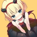  1girl bare_shoulders bat_wings blonde_hair blue_eyes blush character_request copyright_request demon_horns demon_tail dress from_above holding_own_tail horned_headwear horns looking_at_viewer orange_background short_hair tail u-ichi wings 